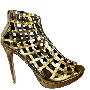 Shoe Dazzle Caged Sandal Metallic Gold Gladiator Strappy Heel stiletto S…